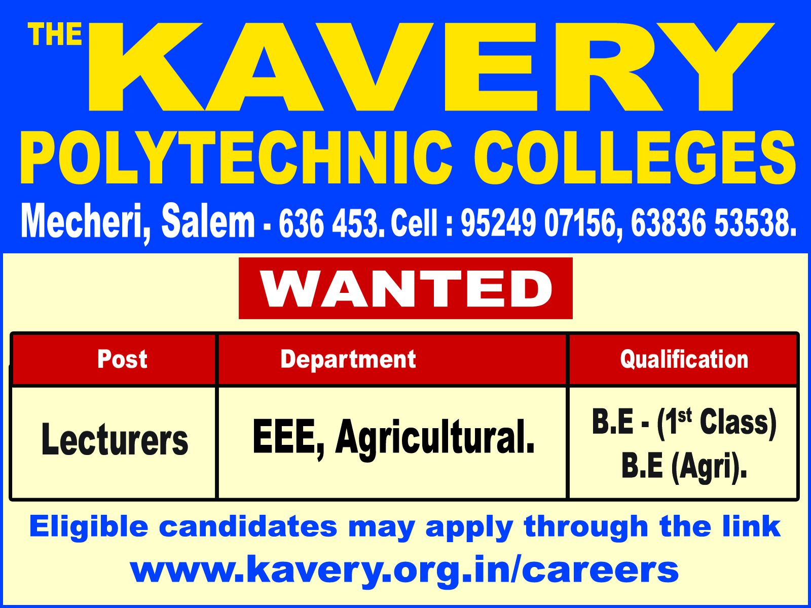 The Kavery Polytechnic Colleges Wanted Lecturers | FacultyPlus