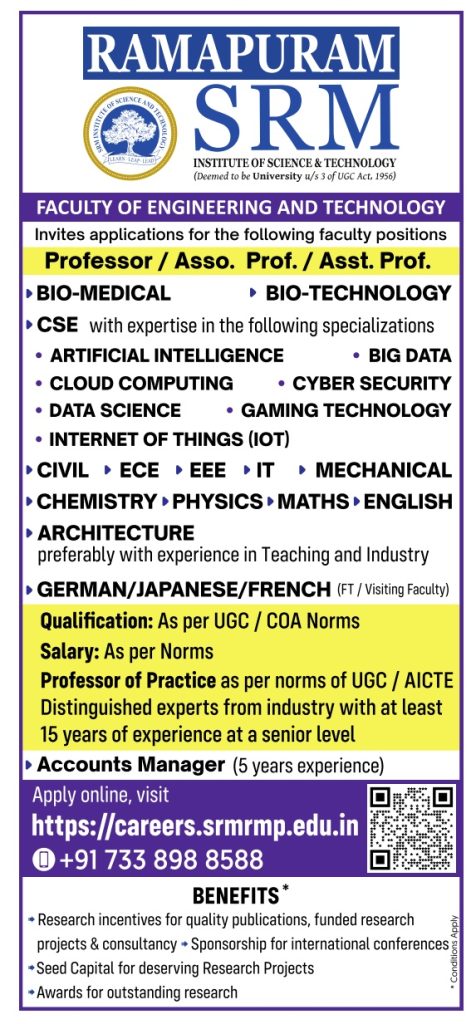 Faculty Recruitment 2024 At SRM Institute Of Science And Technology