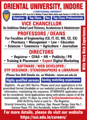 Oriental University, Indore Wanted Vice-Chancellor, Professors/Dean ...