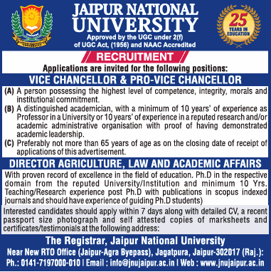 Jaipur National University, Jaipur Wanted Vice Chancellor   Director 