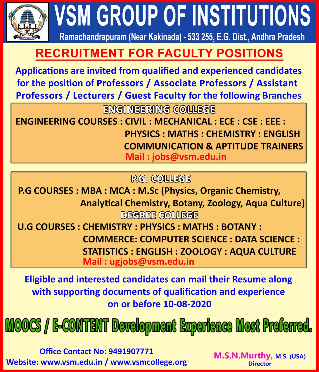 VSM Group of Institutions Wanted Professor / Associate Professor ...