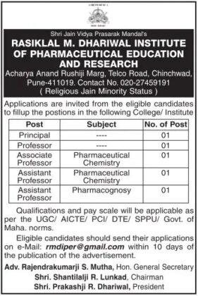 Rasiklal M Dhariwal College Of Pharmacy Wanted Principal/Professor ...