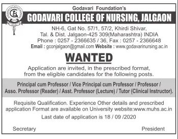 Godavari College Of Nursing Jalgaon Wanted Principal/Vice  Principal/Professor/Associate & Assistant Professor/Tutor