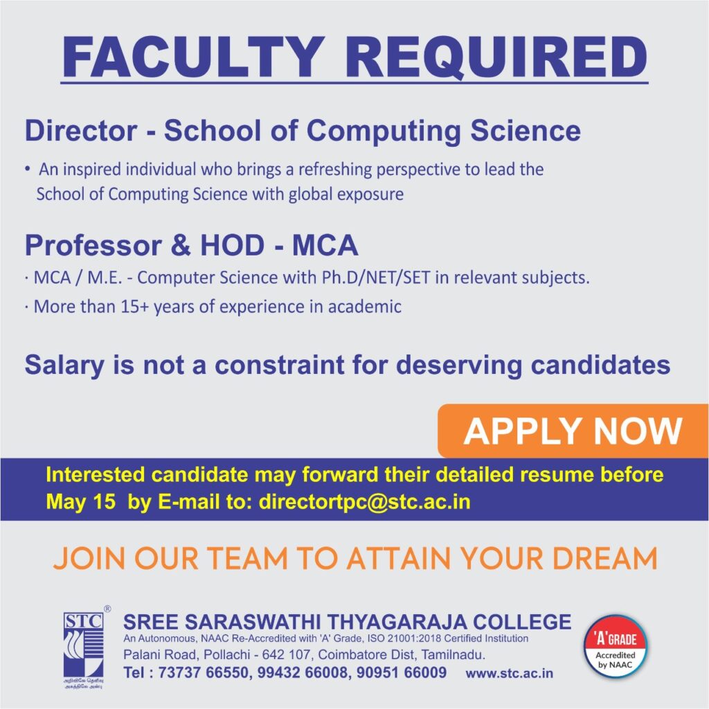 Sree Saraswathi Thyagaraja College Wanted Director, Professor & HOD ...