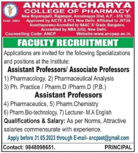 Annamacharya College of Pharmacy Wanted Professor/Associate & Assistant ...