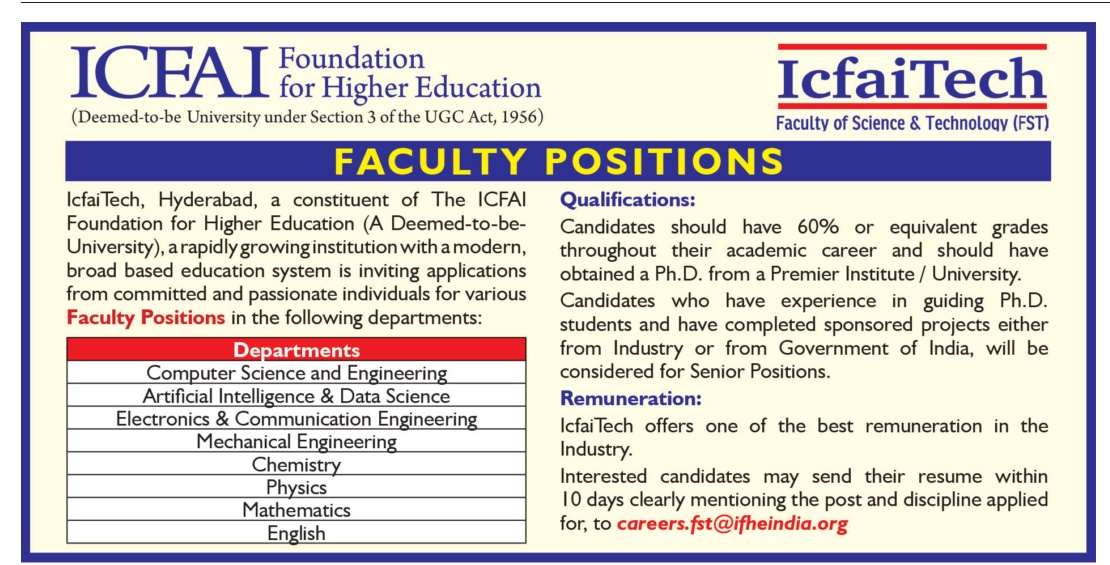 Faculty Jobs Icfai Foundation For Higher Educationicfaitech Facultyplus 4918