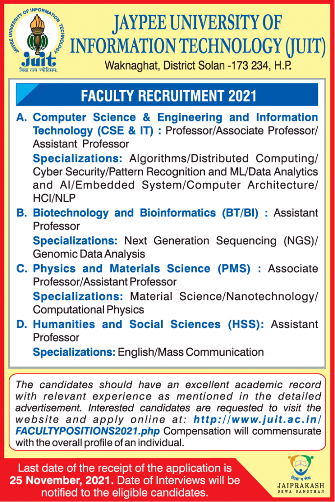 Faculty Recruitment 2021 at Jaypee University of Information Technology ...