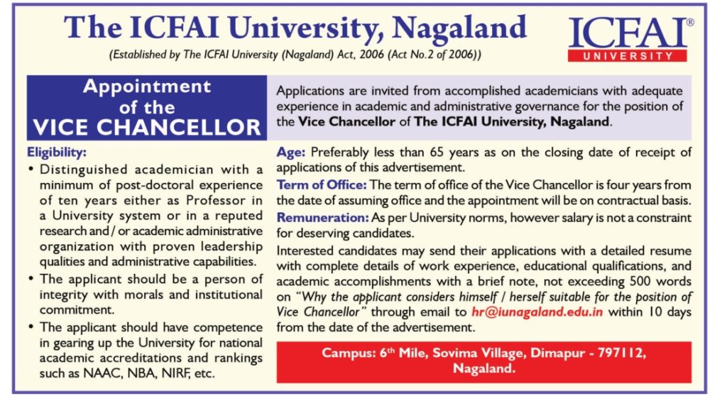 The ICFAI University, Nagaland Wanted Vice Chancellor | FacultyPlus