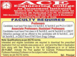 ACE Engineering College, Hyderabad wanted Assistant Professor ...