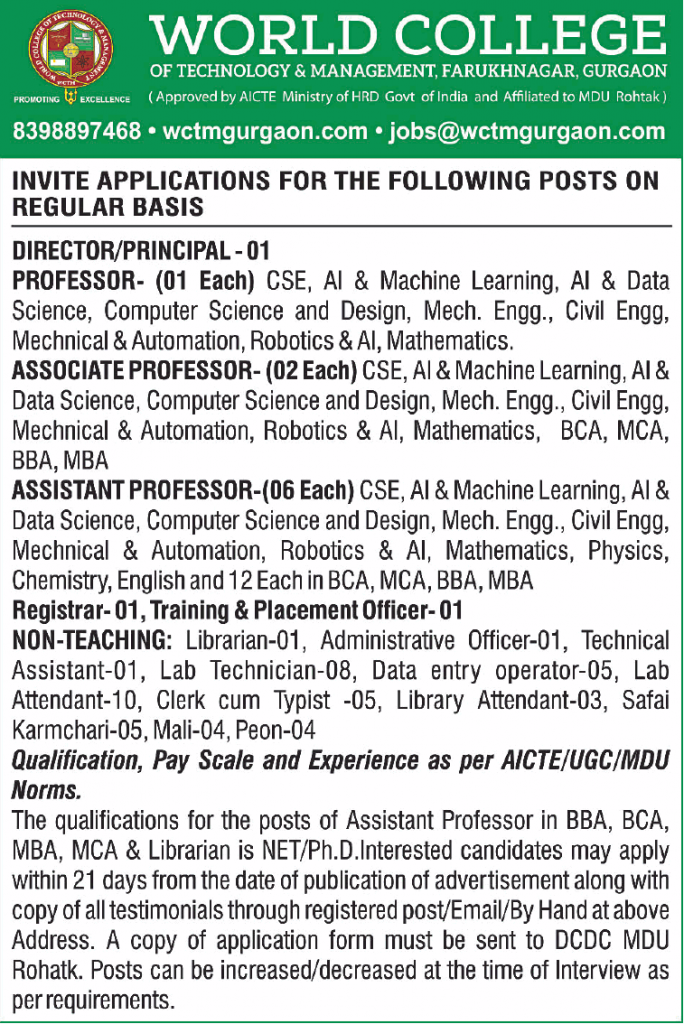 Teaching/Non-Teaching Job Vacancy at World College of Technology and ...