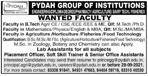 Pydah Group of Institutions , Kakinada Wanted Professor/Associate ...