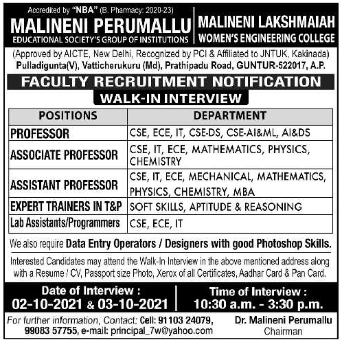 Faculty Jobs at Malineni Lakshmaiah Women’s Engineering College and ...