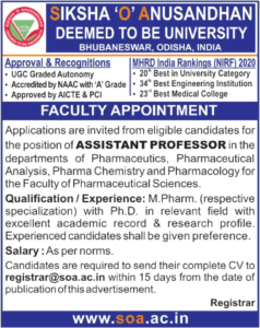 Faculty Recruitment at Siksha ‘O’ Anusandhan Deemed to be University ...