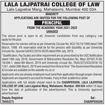 Faculty Recruitment 2021 Lala Lajpatrai College Of Law Mumbai Wanted Principal Facultyplus