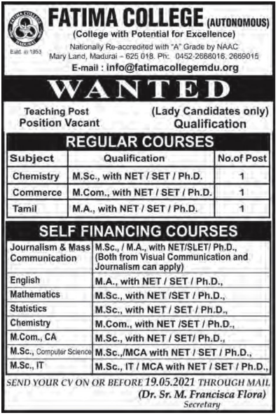 Fatima College (Autonomous) Wanted Teaching Faculty for Regular & Self ...