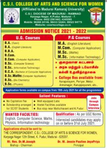 CSI College Of Arts & Science For Women, Madurai wanted Teaching ...