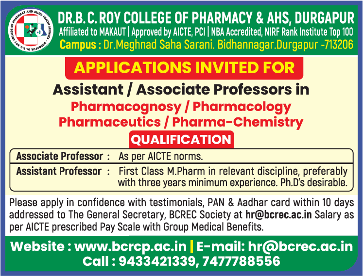 Dr. B. C. Roy College of Pharmacy & AHS, Durgapur Wanted Assistant ...