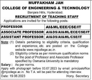 Muffakham Jah College of Engineering & Technology, Hyderabad Wanted ...