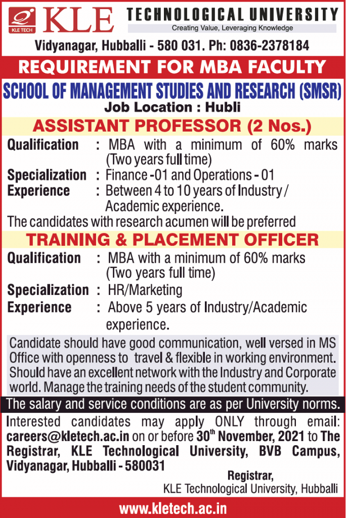 KLE Technological University, Hubballi Wanted Assistant Professor ...