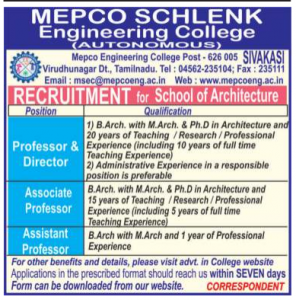 Mepco Schlenk Engineering College(Autonomous), Virudhunagar Wanted ...