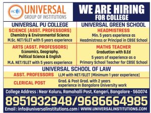 Universal Group Of Institutions, Bengaluru Wanted Teaching And Non 