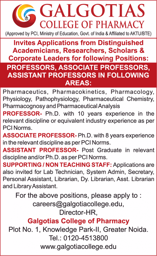 Galgotias College of Pharmacy, Greater Noida Wanted Professor ...