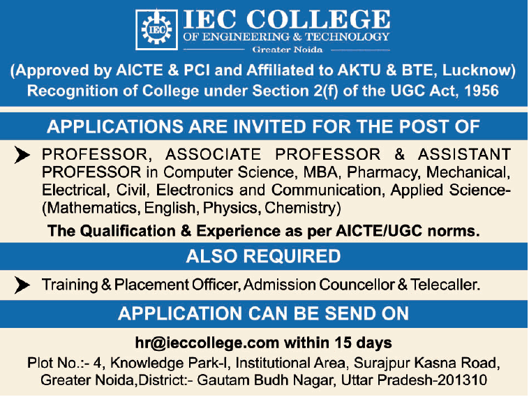 IEC College Of Engineering & Technology, Greater Noida wanted Professor ...