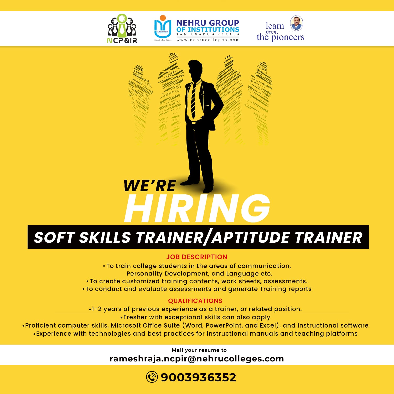 Nehru Group Of Institutions Wanted Soft Skills Trainer Aptitude Trainer 