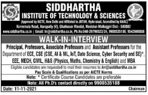 Siddhartha Institute of Technology and Science, Hyderabad Wanted ...