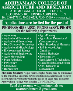 Adhiyamaan College of Agriculture and Research, Hosur wanted Professor ...