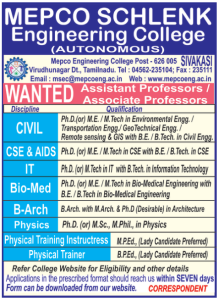 Mepco Schlenk Engineering College(Autonomous), Virudhunagar Wanted ...