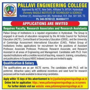 Pallavi Engineering College, R.R Dist Wanted Teaching Faculty | FacultyPlus