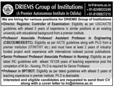 DRIEMS Group of Institutions, Cuttack Wanted Teaching and Non-Teaching ...