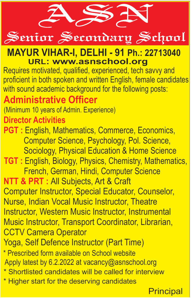 ASN Senior Secondary School, Delhi, Wanted Administrative Officer, PGT ...