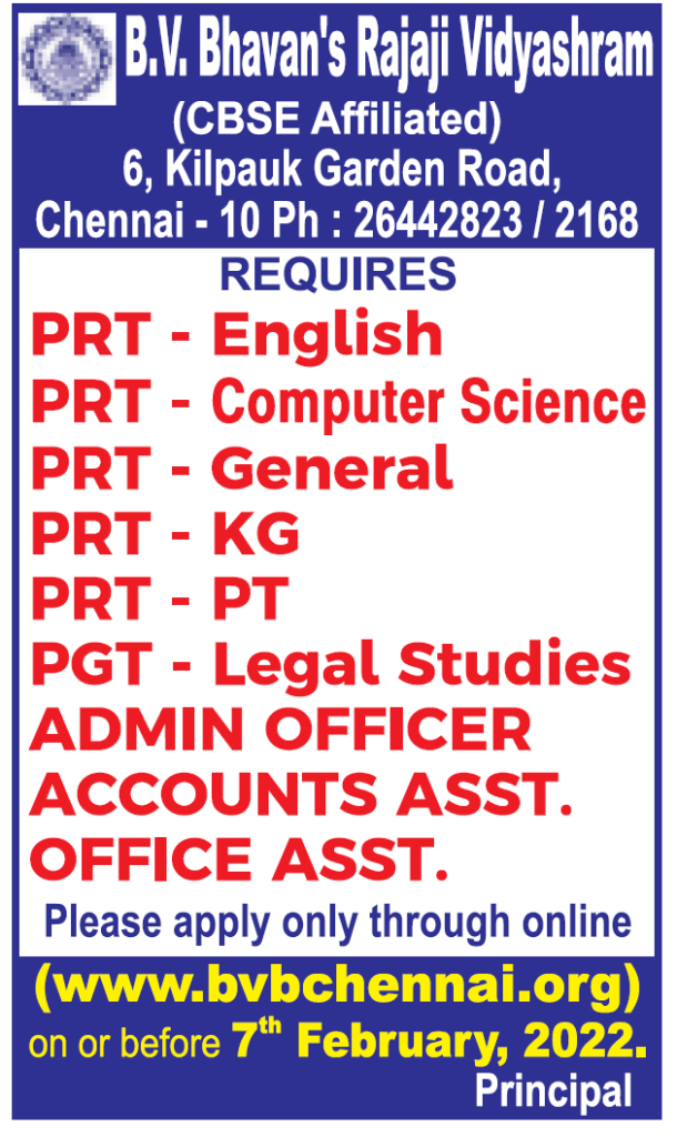 B.V. Bhavan’s Rajaji Vidyashram, Chennai Wanted PRT/ PGT And Others ...