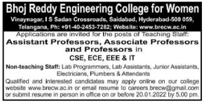 Bhoj Reddy Engineering College For Women, Telangana Wanted Professor ...