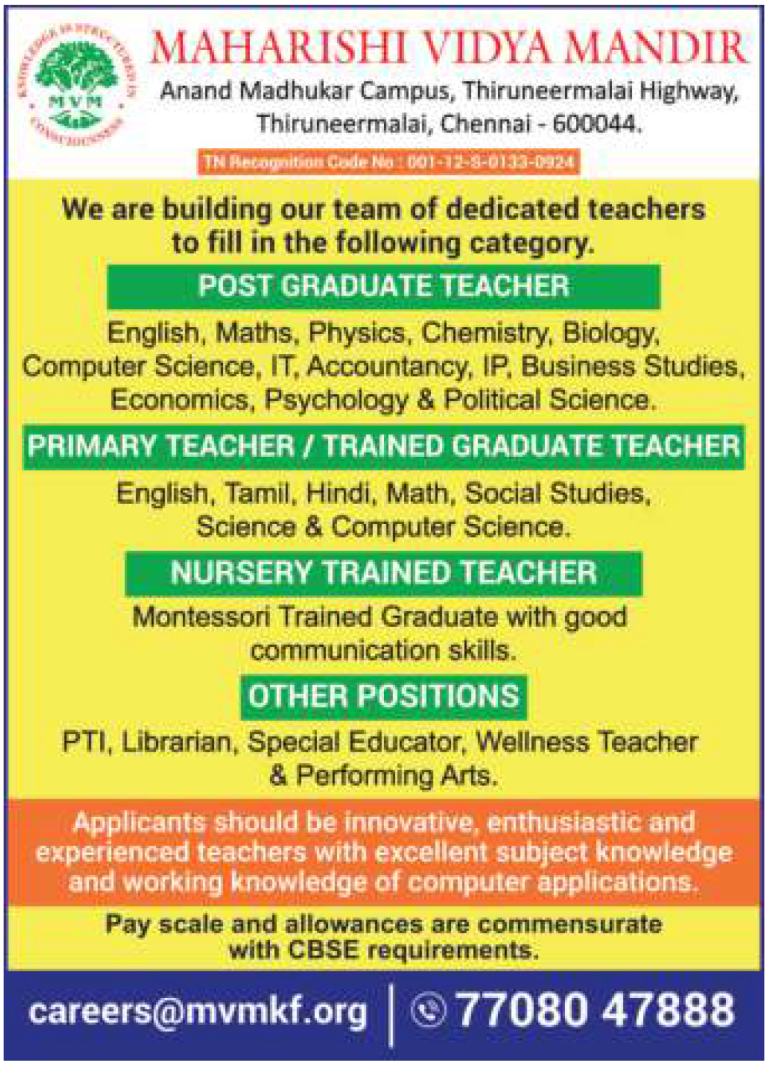 Maharishi Vidya Mandir, Chennai wanted PGT/ TGT and Others | FacultyPlus