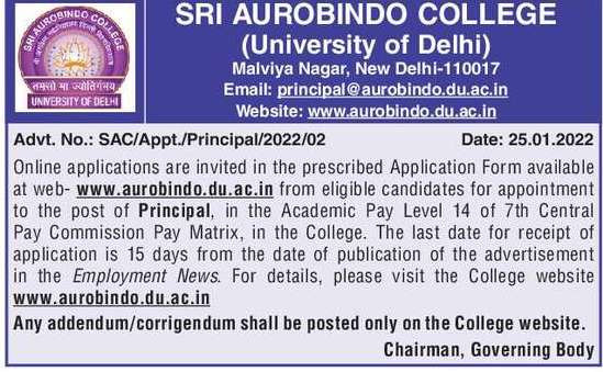 Sri Aurobindo College Principal Job | FacultyPlus