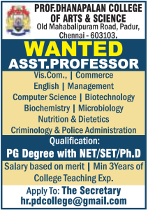 Prof. Dhanapalan College of Arts and Science, Chennai, Wanted Assistant ...