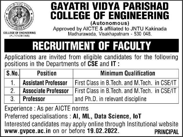 Gayatri Vidya Parishad College of Engineering, Visakhapatnam Wanted ...