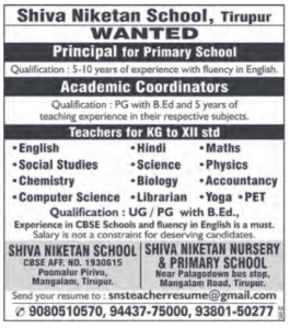 Shiva Niketan School, Tirupur Wanted Principal, Academic Coordinators ...