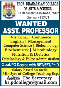 Prof. Dhanapalan College of Arts and Science, Chennai Wanted Assistant ...