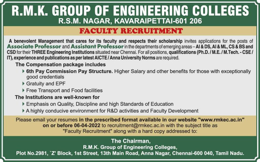 RMK Group of Engineering Colleges, Kavaraipettai Wanted Associate ...