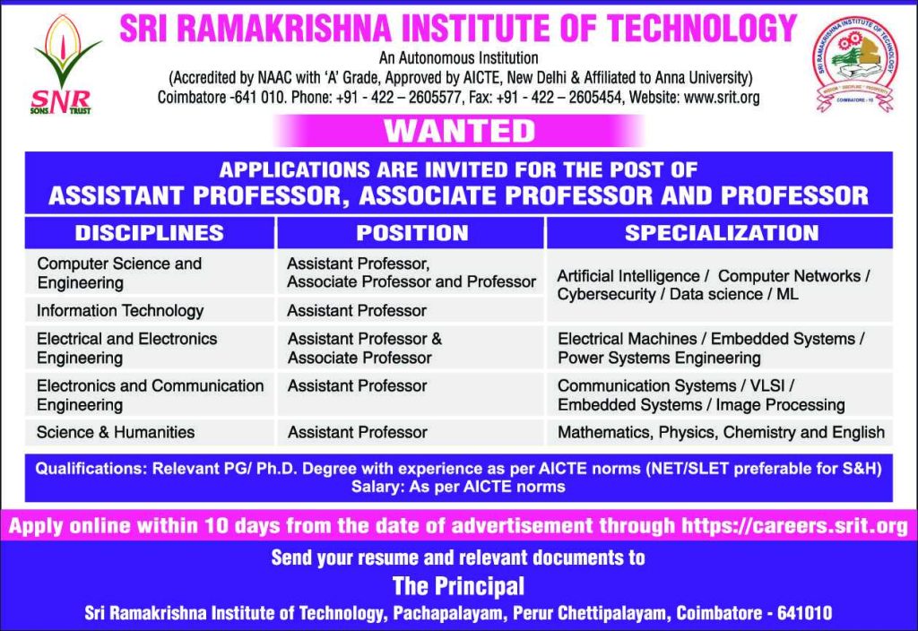 Sri Ramakrishna Institute of Technology, Coimbatore, Wanted Assistant ...