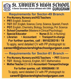 St. Xavier’s High School, Gurugram Wanted Teaching and Non-Teaching ...