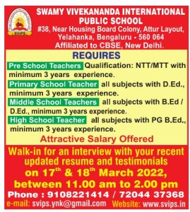 Swamy Vivekananda International Public School, Bengaluru Wanted ...