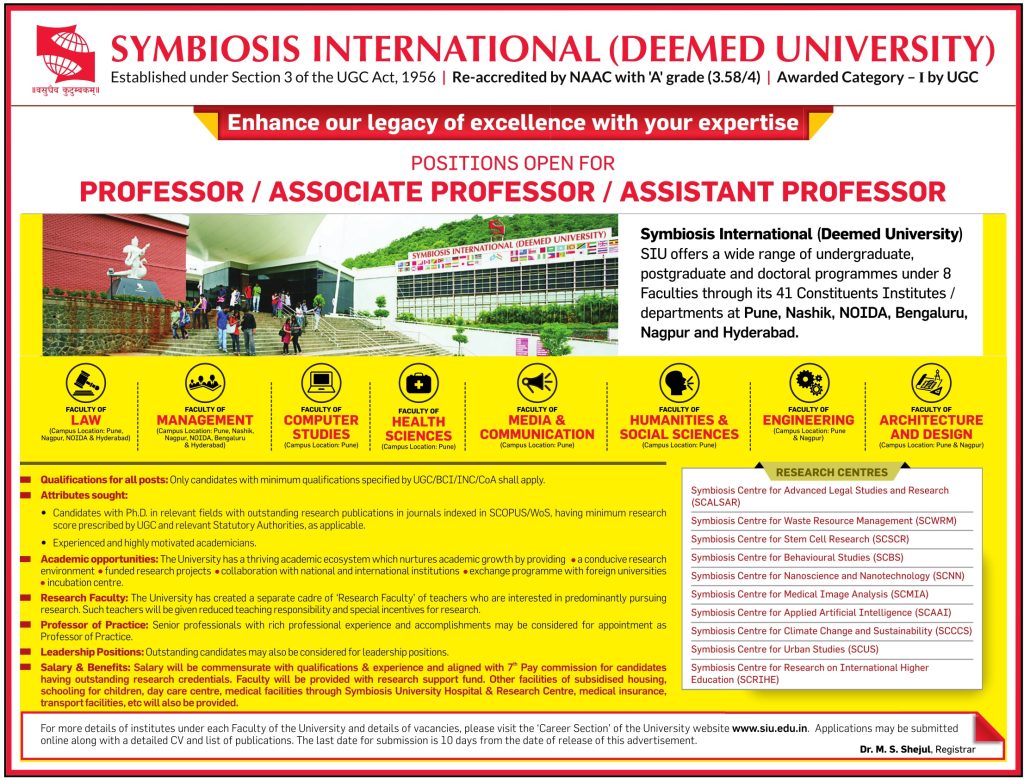 Symbiosis International (Deemed University) Wanted Professor/Associate ...