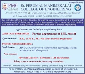 PMC Tech Er.Perumal Manimekalai College of Engineering, Hosur, Wanted ...