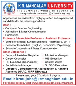 K.R. Mangalam University, Gurgaon, Wanted Dean, Profoessor, Associate ...