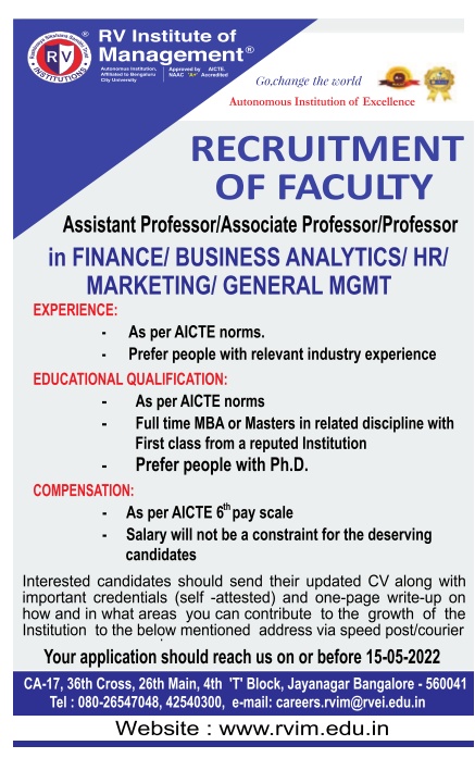 RV Institute of Management, Bengaluru Wanted Professor/Associate ...